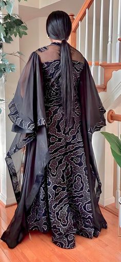 COUTURE DRAMATIC SLEEVE MAXI DRESS(BLACK/SILVER) – Fnfashionworld.com Bubu Gown Styles, Dramatic Sleeves, Lace Gown Styles, Hilarious Photos, Maxi Dress Black, African Clothing Styles, African Design Dresses, Latest African Fashion Dresses, Sleeve Maxi Dress