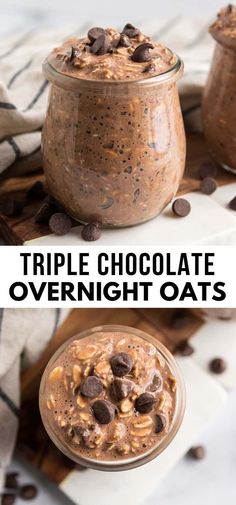 chocolate overnight oats in a glass jar with chocolate chips on the top and bottom