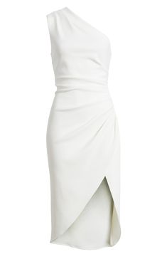 Alluring angles shape the silhouette of a crepe cocktail dress that will get glasses raised in tribute. 37" to 47 1/2" length (size Medium) Hidden side-zip closure One-shoulder neck Sleeveless Partially lined 95% polyester, 5% spandex Hand wash, dry flat Imported Pre-draped Asymmetrical Cocktail Midi Dress, Cocktail One-shoulder Dress With Ruched Bodice, Pre-draped Asymmetrical Midi Dress For Dinner, Fitted Pre-draped Asymmetrical Cocktail Dress, Asymmetrical Evening Dress With Ruched Bodice For Cocktail, Elegant Asymmetrical Mini Dress For Wedding, Elegant Asymmetrical Ruched Evening Dress, Elegant One-shoulder Dress With Ruched Bodice For Night Out, Elegant One-shoulder Mini Dress With Ruched Bodice