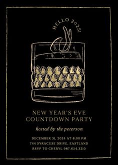 a black and gold new year's eve party card with an image of a cake