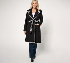 Bundle up, beautifully. This belted double-knit coat from BEAUTIFUL by Lawrence Zarian is the timeless, tailored outerwear revamp your closet's been craving -- made extra luxurious with contrast blanket stitching and a full lining. Its clean lines get you out of the puffer zone, layering elegantly over fall's blouses and denim, winter's sweaters, and dresses for all seasons and celebrations. Brushed double knit is a fine-quality, mid-weight fabrication that's versatile enough to wear throughout Lapel Design, Knit Coat, Fall Blouse, Knitted Coat, Double Knit, Complete Outfits, And Dresses, Winter Sweaters, Double Knitting