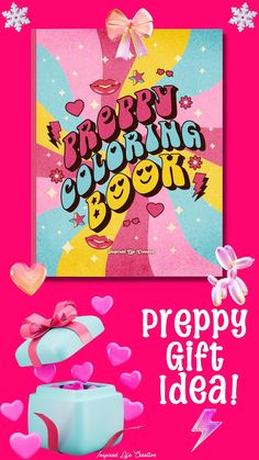 a pink poster with the words preppy gift idea on it and hearts flying around