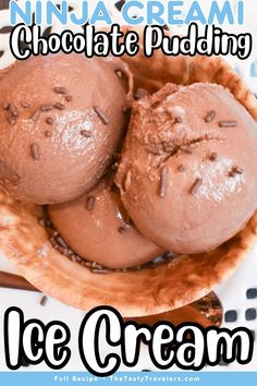 three ice creams in a bowl with chocolate sprinkles on top and text overlay