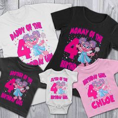 three personalized onesuits with the number four on them and one in pink