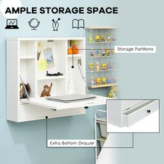 an image of a white shelf with shelves and items labeled in the description above it