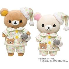 two teddy bears dressed in pajamas and hats