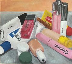 an oil painting of various cosmetics on a table