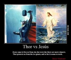 two pictures one with jesus and the other with an image of another person holding up a hammer