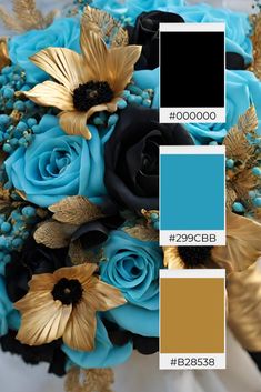 a blue and gold wedding bouquet with black, white, and yellow flowers on it