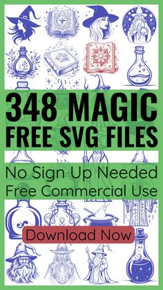 the book cover for 34 magic free svg files no sign up needed to be commercial use