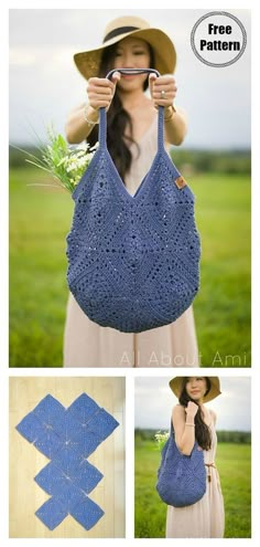 the crochet bag is made with blue yarn