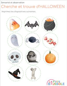 a poster with different halloween items on it's back ground and the words cherre et trouve d'hallowen