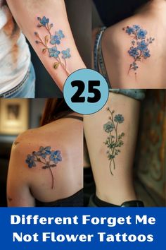 four different tattoos with blue flowers on the back of their arms, and two are shown in