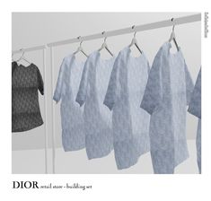 several shirts hanging on clothes racks in front of a white wall with the words dior next to them