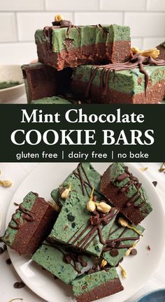 mint chocolate cookie bars stacked on top of each other with the text overlay that reads, mint chocolate cookie bars gluten free / dairy free no bake