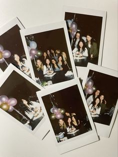 several polaroid photos of people sitting at a table with balloons