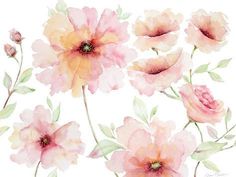 watercolor painting of pink flowers with green leaves