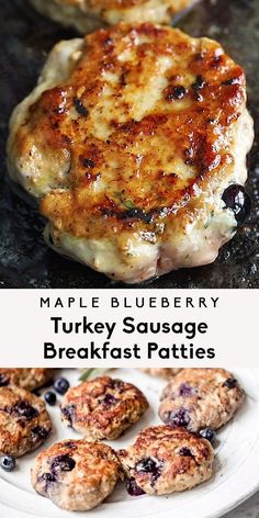 maple blueberry turkey sausage breakfast patties on a white plate with text overlay that reads maple blueberry turkey sausage breakfast patties