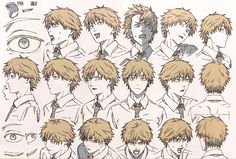 an anime character's head and shoulders with many different hair styles, including the man in the middle