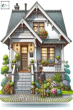 a drawing of a house with flowers on the front porch and landscaping around the windows