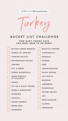 the turkey bucket list is shown in pink