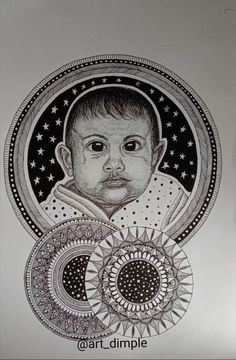 a black and white drawing of a baby