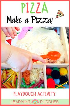 a child's hand reaching for a piece of pizza in a playdough activity box