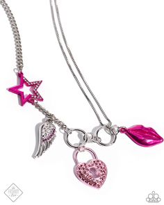 Joined by a classic silver chain and box chain links, two rings layer below the collar in a fierce fashion. An electric pink pair of lips, a detailed silver angel wing with embellished pink rhinestones, and a pink rhinestone-embellished heart padlock drip from the glistening layers, adding a pop-punk shimmer to the show-stopping piece. A fuchsia star embellished with white rhinestones on one side is infused along the classic chain for additional color and glitz. Features an adjustable clasp clos Valentine's Day Punk Party Jewelry, Pink Metal Jewelry With Adjustable Chain, Trendy Pink Sterling Silver Jewelry, Pink Punk Jewelry For Party, Valentine's Day Punk Silver Jewelry, Silver Punk Jewelry For Valentine's Day, Punk Silver Jewelry For Valentine's Day, Pink Metal Chain Jewelry, Punk Jewelry With Adjustable Chain For Valentine's Day