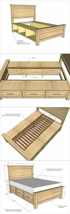 the plans for a bed frame are shown in three different positions, including one with drawers and