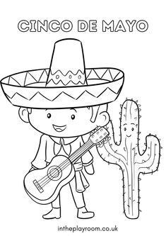 a boy in a sombrero playing guitar next to a cactus with the words cinco de mayo on it