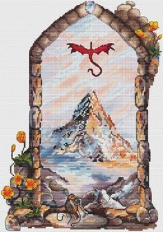 a cross stitch picture frame with a dragon in the middle and flowers around it, on a white background