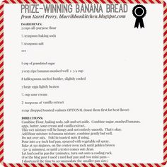 the printable prize winning banana bread recipe is shown in red and white stripes with a black ribbon