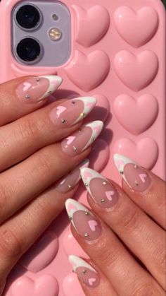 Heart Nails Red, Red Nails French, Nail Pearl, Nails Valentine, Nails Heart, Hello Nails, Valentine Nails, French Nail, Pearl Nails