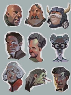 the six avatars are drawn in different styles and sizes, each with their own headgear