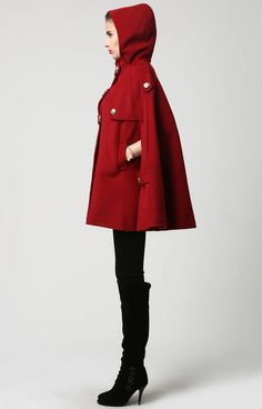 Women's Winter Red Wool Hooded Cape Coat Plus Size Cape | Etsy Solid Color Hooded Outerwear With Button Closure, Hooded Winter Outerwear With Snap Buttons, Winter Hooded Outerwear With Snap Buttons, Winter Cape Outerwear With Button Closure, Hooded Fall Outerwear With Snap Buttons, Red Cape For Fall Outerwear, Hooded Solid Pea Coat With Pockets, Red Cape Outerwear For Fall, Red Winter Outerwear With Snap Buttons