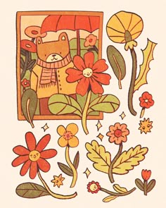 a drawing of flowers and a bear with an umbrella