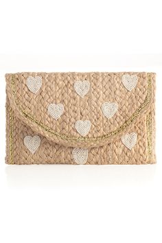 Add some sweetness to your summer accessories with Shiraleah's Hearts Clutch. Made from natural woven jute in a sleek clutch silhouette, it is a classic neutral bag to go with any outfit or occasion. Its elegant beaded heart design will never go out of style. Pair with other Shiraleah items to complete your look! Features an elegant beaded heart design, magnetic snap closure, and 1 inner slip pocket Shiraleah is a trend-driven lifestyle brand focused on the little gifts that make life special! M Heart Clutch, Neutral Bag, Beaded Heart, Wedges Style, Skincare Set, Summer Accessories, Espadrilles Wedges, Go Out, Dress With Boots