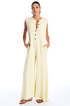 The AKIRA Label Just Loungin Knit Jumpsuit is the perfect piece for a lazy Sunday. Crafted from a super soft n’ stretchy knit fabrication, this sleeveless jumpsuit features a relaxed fit with ultra-wide pantlegs, a crew neckline with a button down front closure, and slant side pockets. Wear it around the house with your favorite slippers or pair it with sandals and hit the farmers market.   - 100% Cotton - Super Stretchy - Imported  (all measurements approximate from a size small)  - 58” Shoulder to Hem - 17” Shoulder to Shoulder - 29” Inseam - Model is 5'9" Product ID: 429102 (Cream) Product ID: 429135 (Green) Unique Clothes, Knit Jumpsuit, Lazy Sunday, Sleeveless Jumpsuits, Unique Outfits, Farmers Market, The House, Jumpsuit Romper, Latest Trends