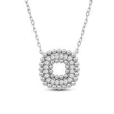 Add a layer of delicate sparkle and shine to your looks with this beautiful necklace. It features a cushion or rounded square pendant in a concentric design. There is an outer beaded square that encircles a frame of diamonds, followed by another gold beaded square frame. Diamond Cut Square Pendant Necklace, Sterling Silver Diamond Necklace With Square Pendant, Silver Diamond Necklace With Square Pendant, Modern Diamond Cut Square Pendant Necklace, Modern Square Pendant Necklace With Diamond Cut, Concentric Design, Beaded Square, Wedding Cushion, Silver Lab