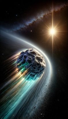 an artist's impression of a distant object in space with stars and dust around it