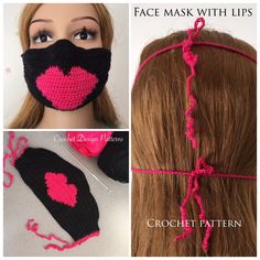 crochet face mask with lips on top and attached to the headbands