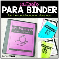 an editable para binder for the special education classroom is shown in this image