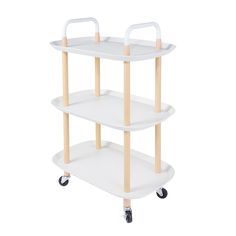 a three tiered white plastic cart with wooden handles and wheels on the bottom shelf