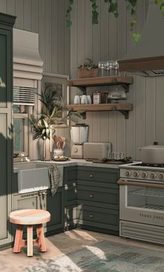 a kitchen with an oven, sink, and stool in the middle of the room