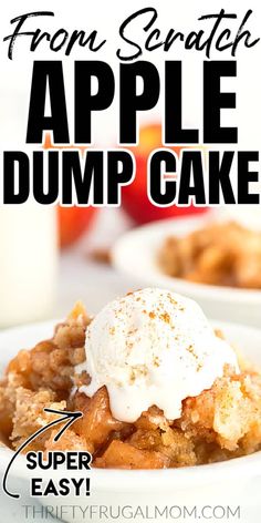 an apple dump cake on a white plate with whipped cream and apples in the background