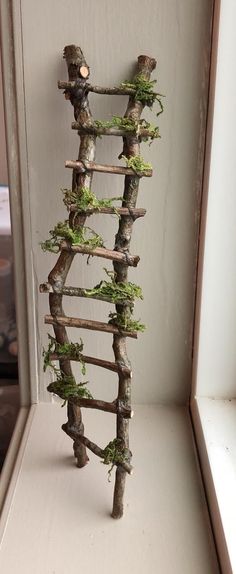 a wooden ladder made out of branches with moss growing on the top and bottom, in front of a window