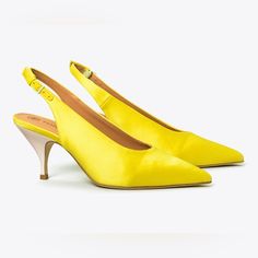 4.3" (70 Mm) Wrapped Heel Satin Upper Buckled Slingback Strap Never Worn Tory Burch Heels, Sling Back Heels, Yellow Satin, Spike Heels, Slingback Pump, Designer Heels, Party Shoes, Tory Burch Shoes, Pump Shoes