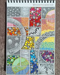 a coloring book with many different designs on the pages and some colored pencils in it