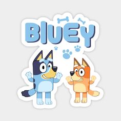 two cartoon dogs with the words bluey and an orange dog standing next to each other