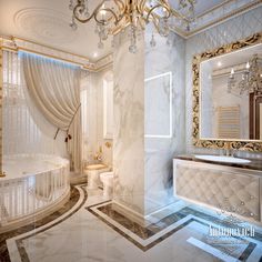 an elegant bathroom with chandelier, tub and marble flooring in white and gold